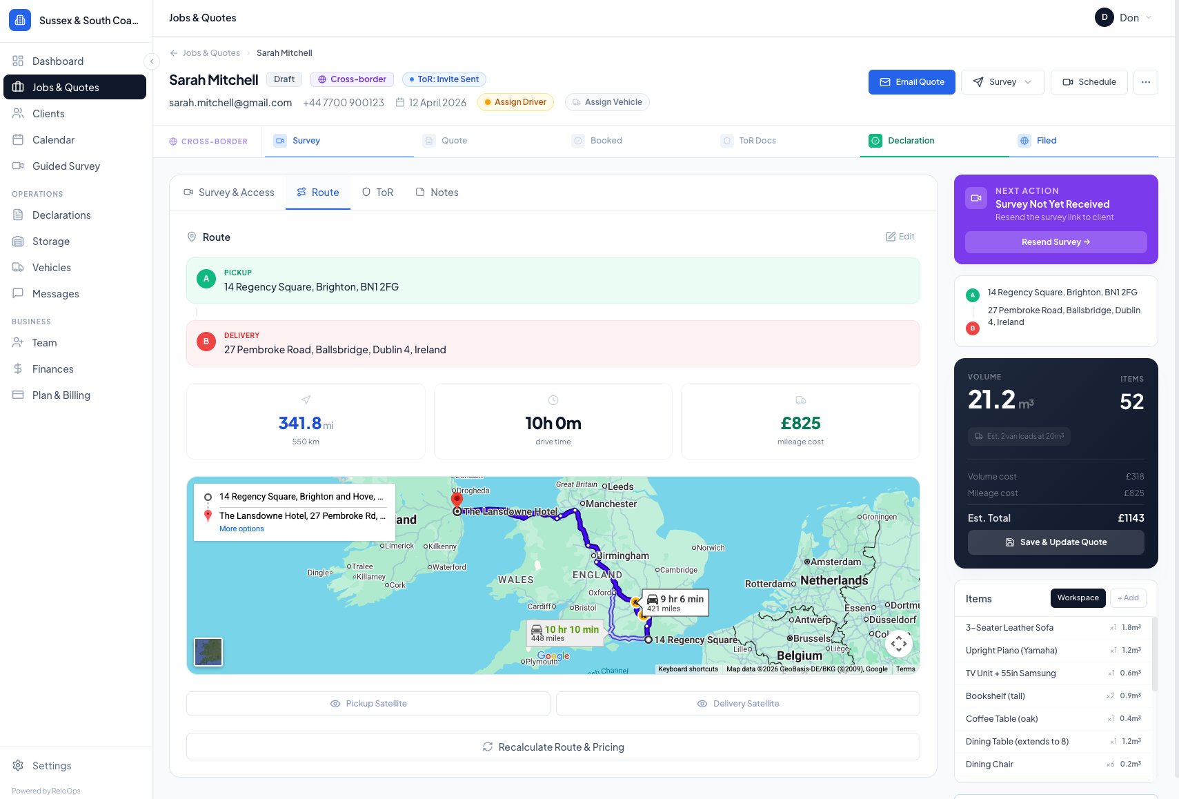 ReloOps mover dashboard showing job detail with route map, inventory and pricing